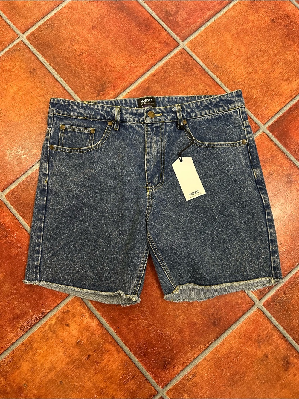 NWT Wesc Stockholm Men's Medium Blue Denim Cutoff Shorts